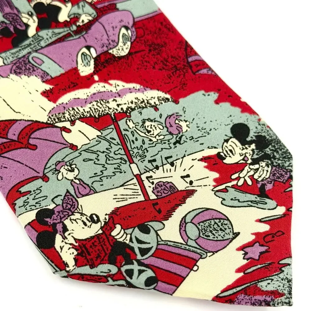 Vintage 90s Disney Red 100% Silk Mickey Minnie Mouse Necktie